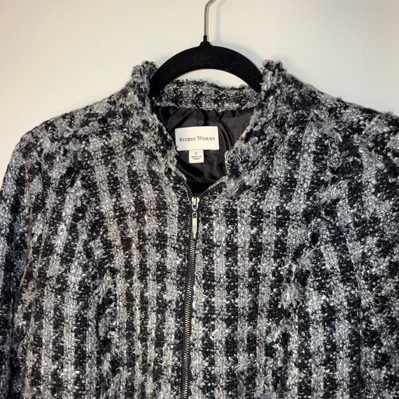 Wool Blend Textured Tweed Jacket Zip Front Black Gray Fringe Trim Women’s 12 – B - Picture 3 of 15